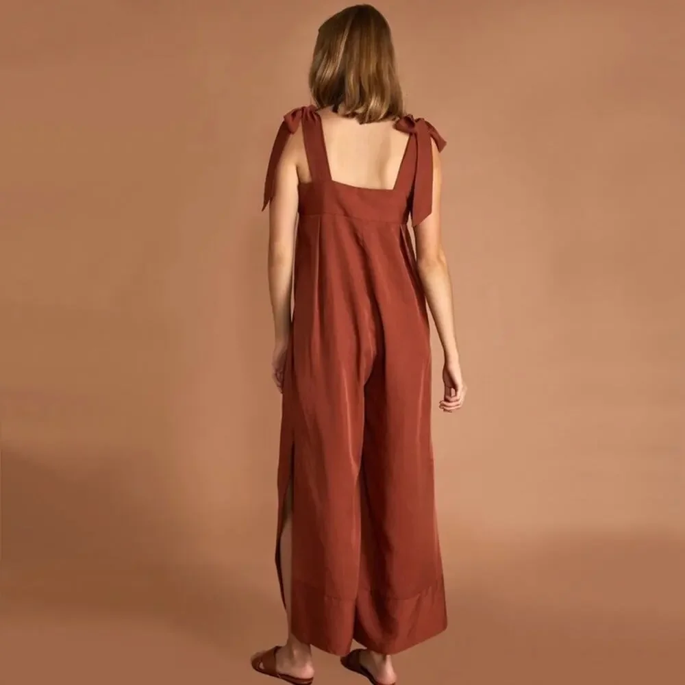 SANCIA The Label Thalita Jumpsuit Romper Shoulder Tie Front Leg SplitRust Medium - Picture 2 of 16